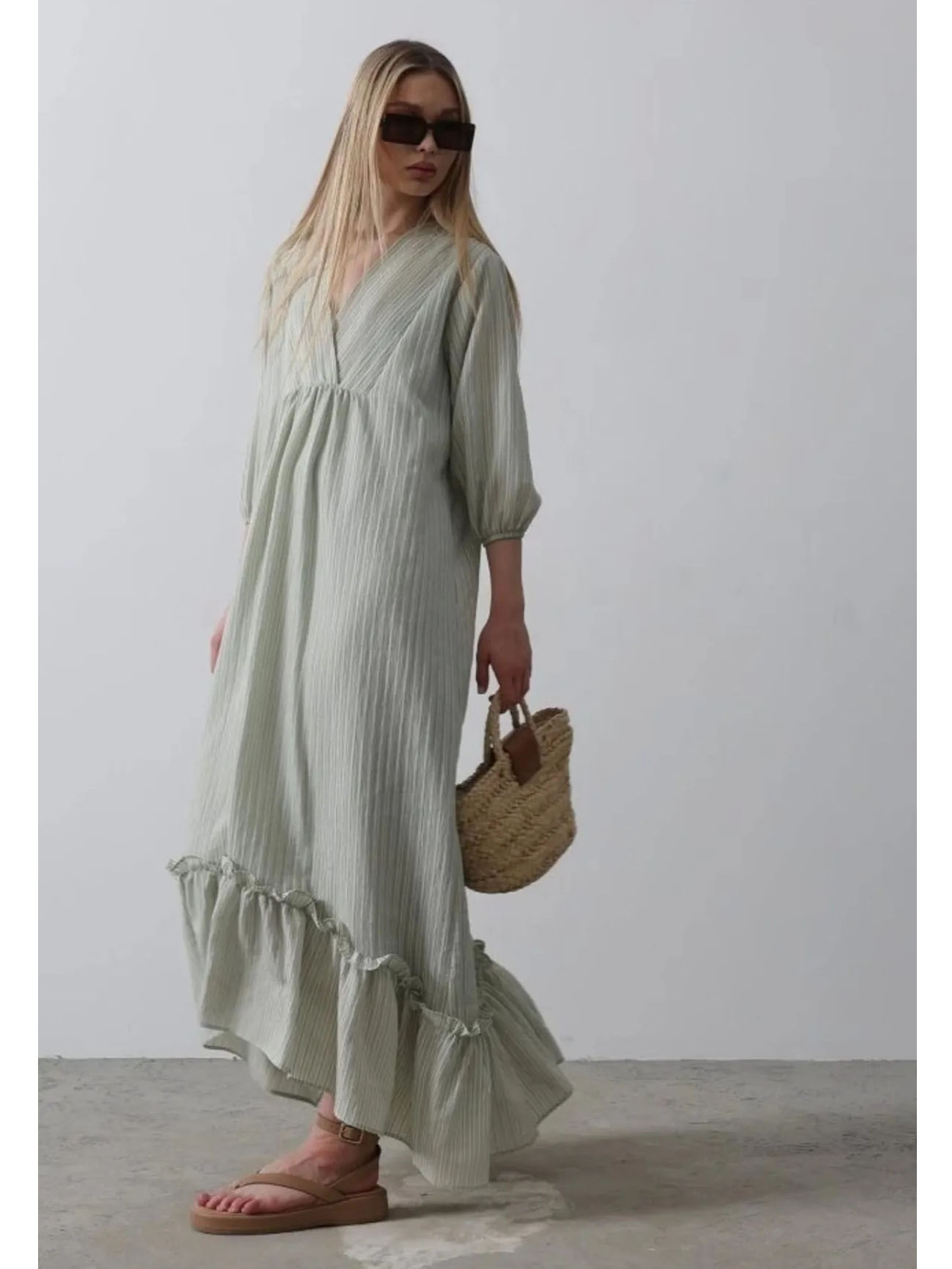 Çizgili Oversize V Yaka Elbise - Haki