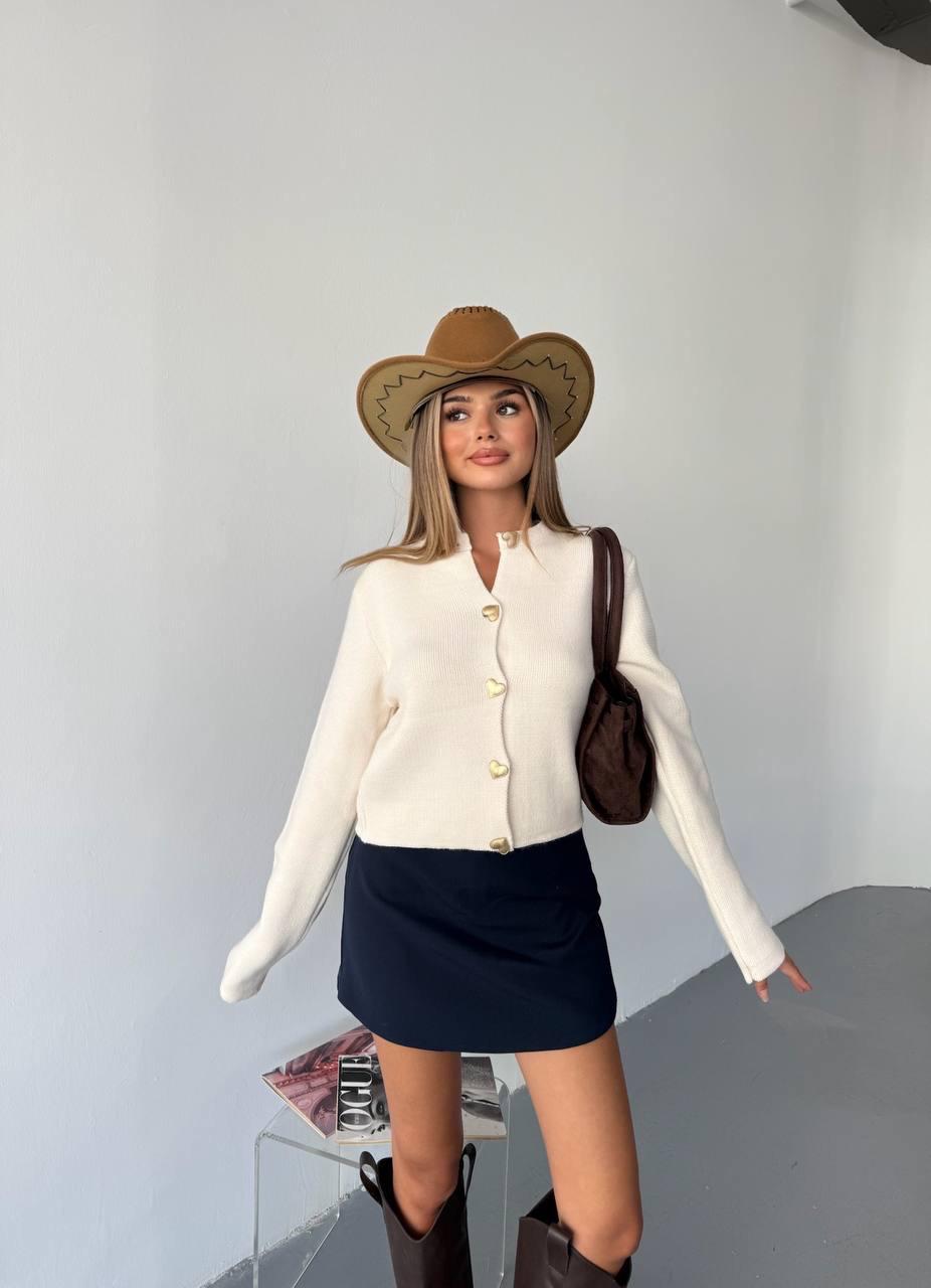 Ekru Kalp Düğmeli Uzun Kol Triko Hırka