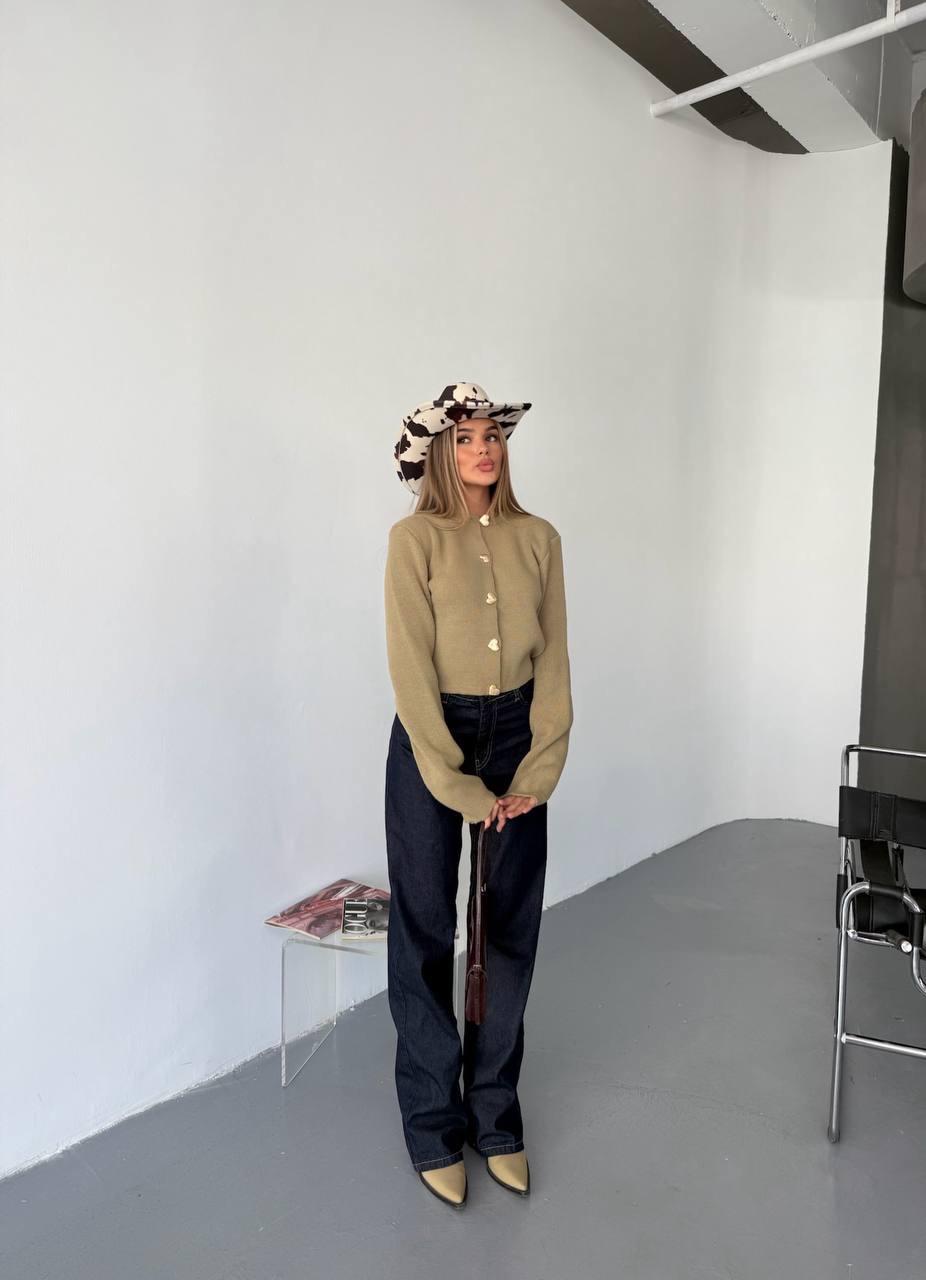 Haki Kalp Düğmeli Uzun Kol Triko Hırka