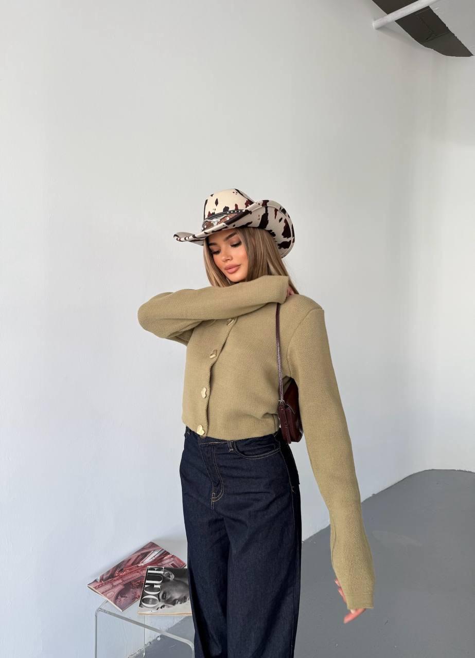 Haki Kalp Düğmeli Uzun Kol Triko Hırka