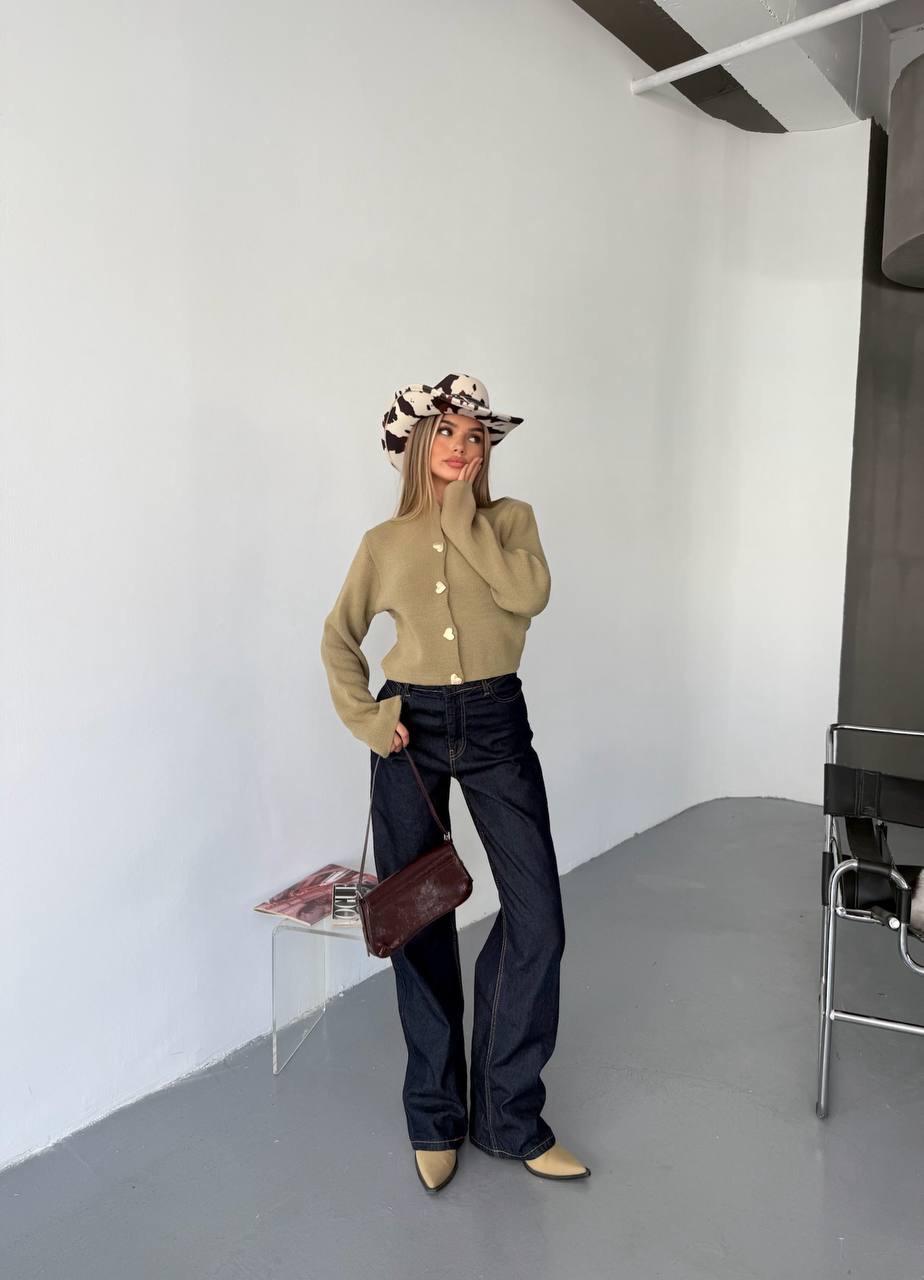 Haki Kalp Düğmeli Uzun Kol Triko Hırka