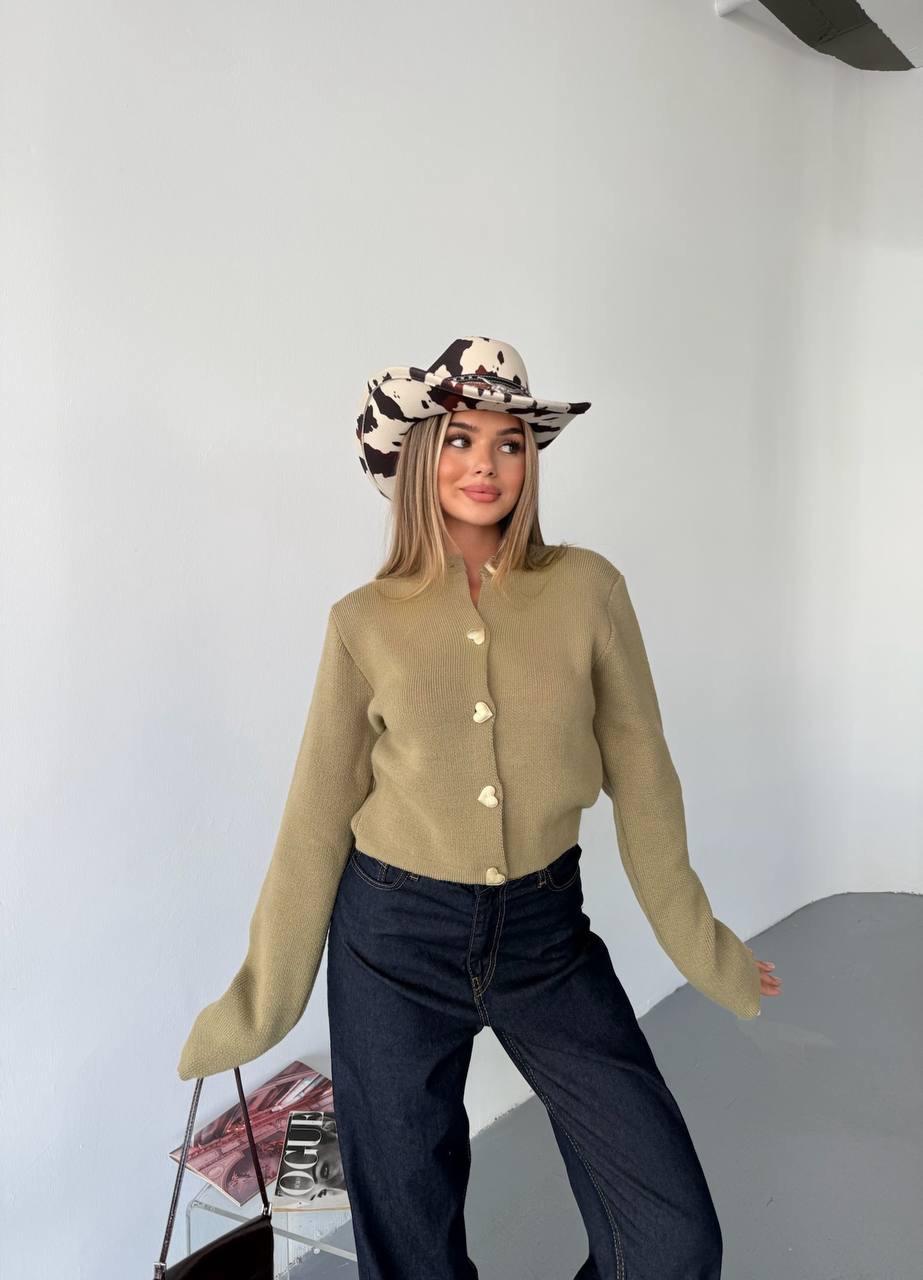 Haki Kalp Düğmeli Uzun Kol Triko Hırka