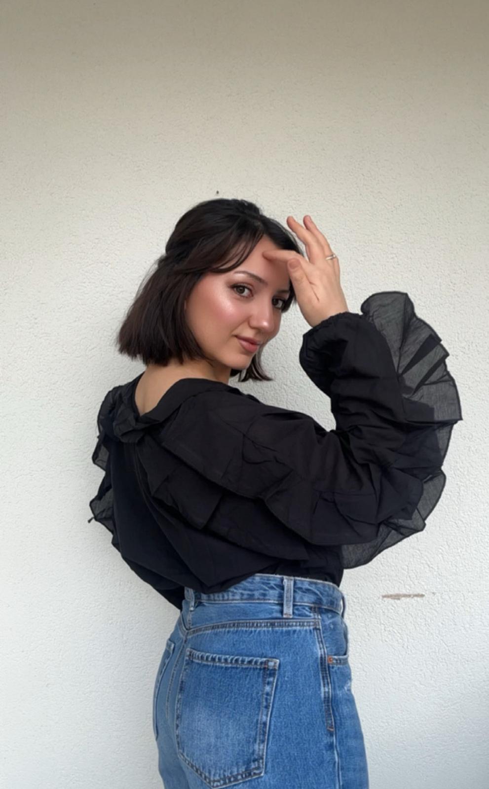 Volanlı %100 Pamuk Massim Gömlek Siyah