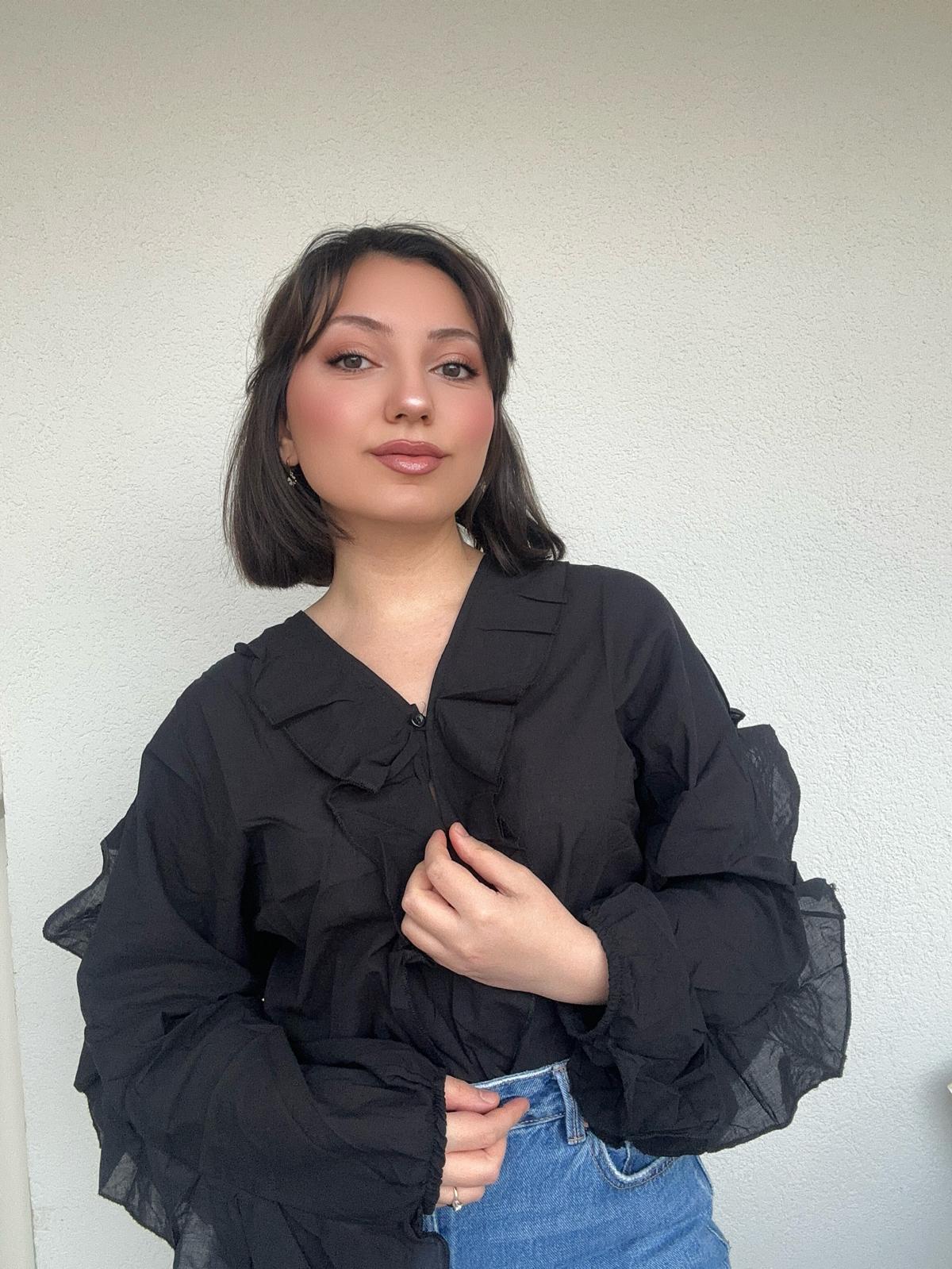 Volanlı %100 Pamuk Massim Gömlek Siyah